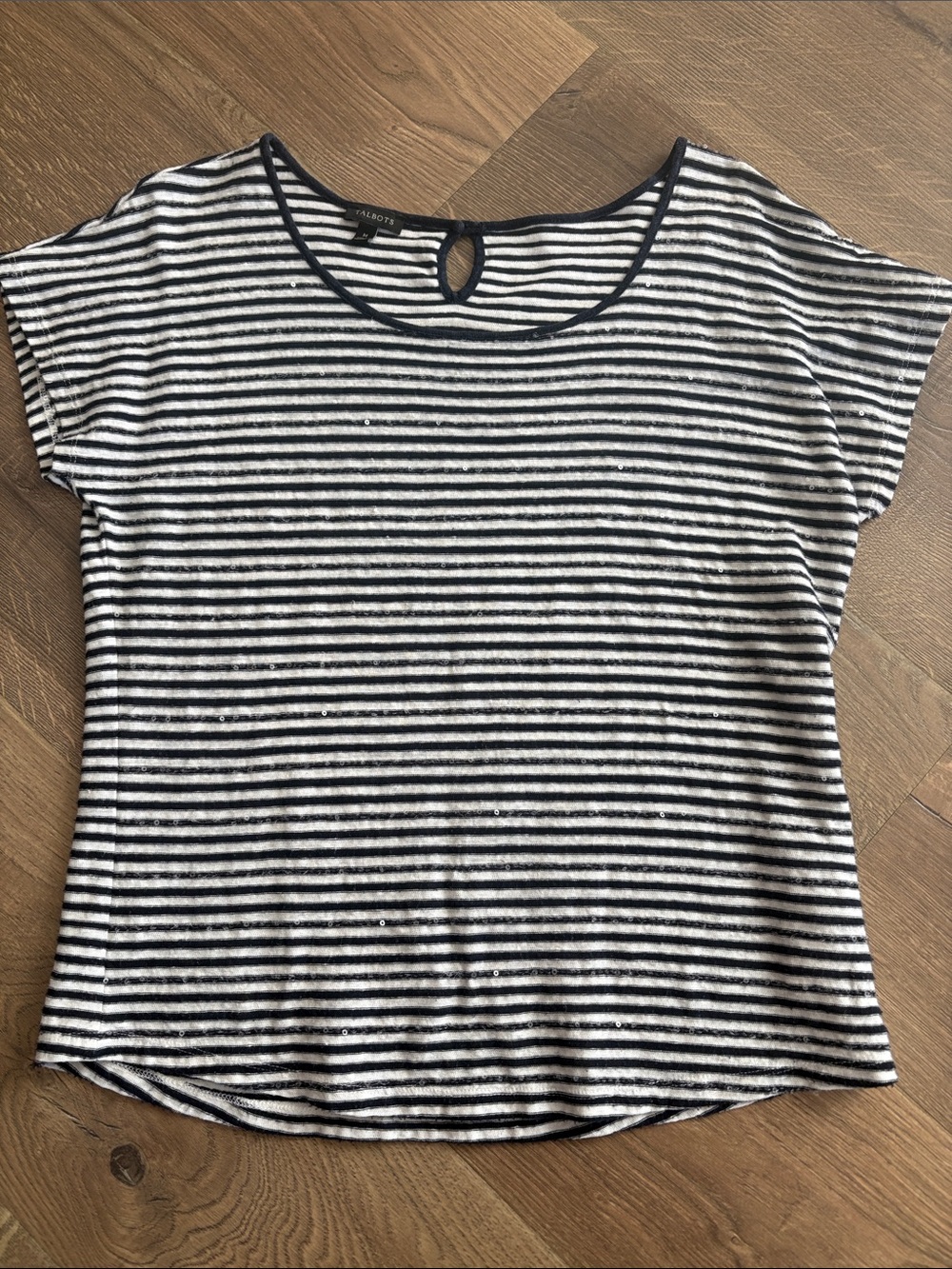 Talbots Navy & White Striped Short Sleeve Tee with Keyhole